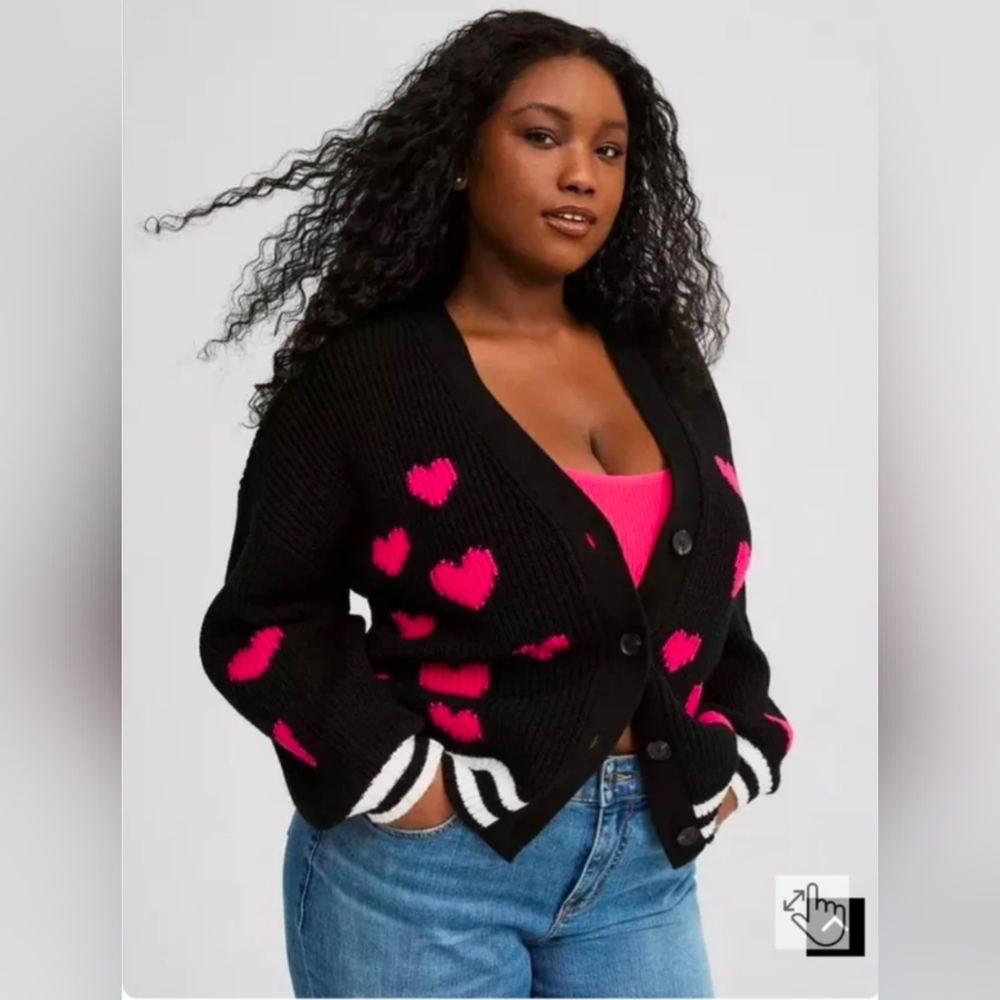 RARE 🤯 TORRID Black Cardigan Sweater with Hot Pink 🩷 Pattern